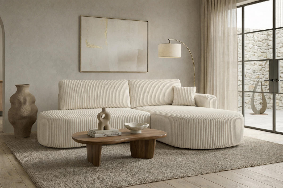 ECKSOFA Mit Schlaffunktion Und Bettkasten, Cordstoff Tilia, Ecru, Rechts, ROUND ONE OPEN XL - Ecru, Holz (262/175cm) - Kaiser Möbel
