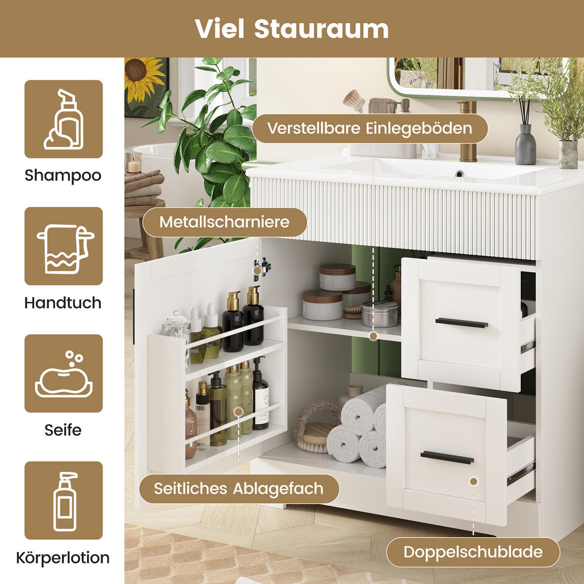 WASCHBECKENUNTERSCHRANK Keramik Doppelschublade Stauraum - Weiß, Holzwerkstoff (81.5/85.5/47cm) - FLIEKS