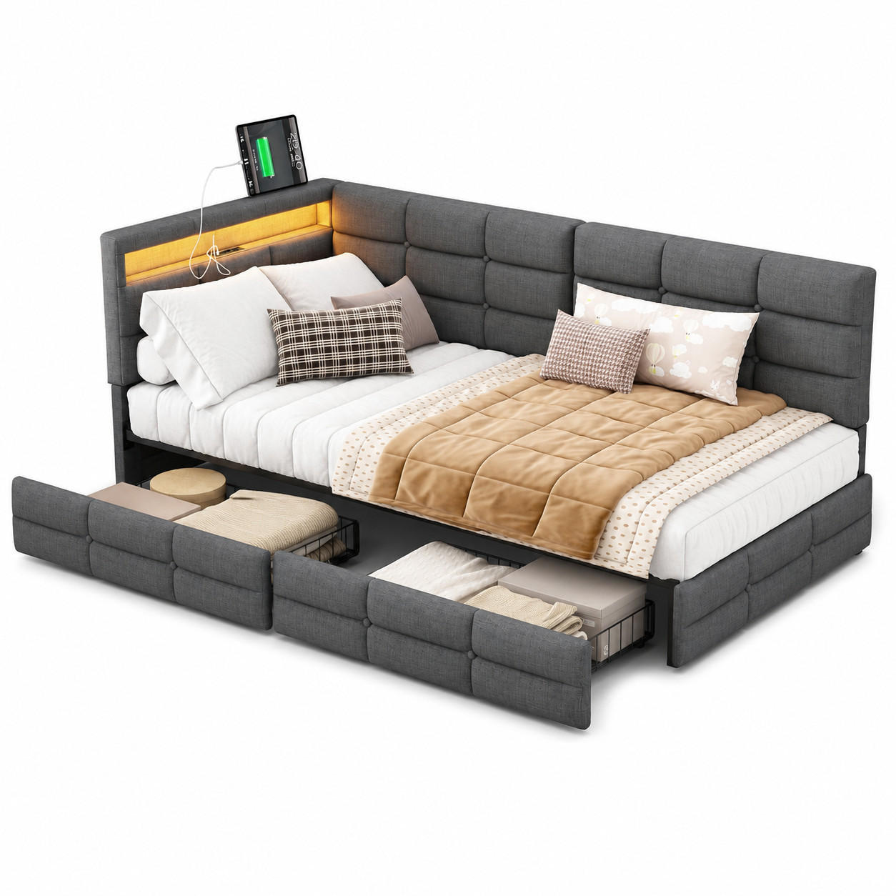 POLSTERBETT 90/200 cm mit Stauraum, LED-Kopfteil, modernes Jugendbett, Schlafsofa, Einzelbett für Schlafzimmer - Grau, Holz/Metall (90/200cm) - Joyfair