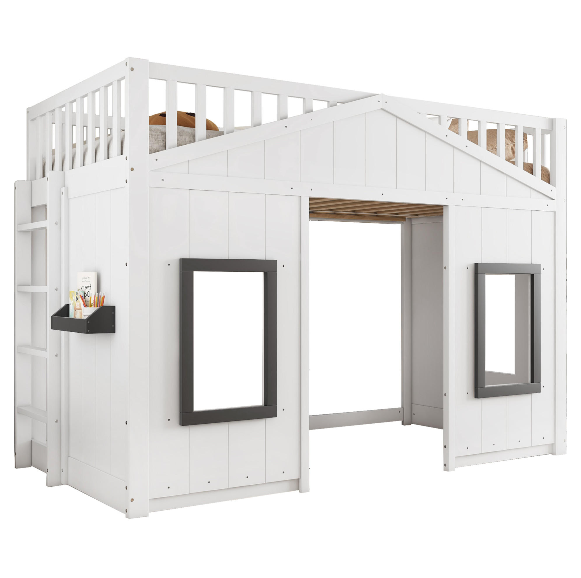 HOCHBETT 90/200 cm in Weiß mit Treppe, Fallschutz und Fensterdesign - Weiß, Holzwerkstoff (90/200cm) - Flora Grace