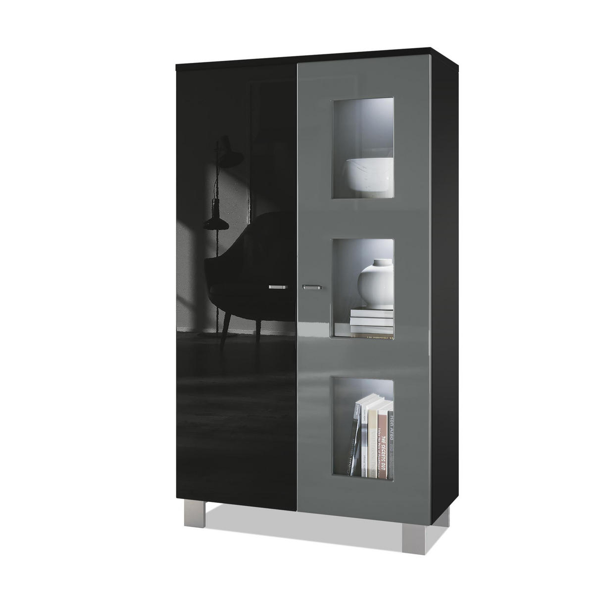 VITRINE Denjo Tür in Grau Hochglanz - Grau, Holzwerkstoff (71/129/35cm) - Vladon