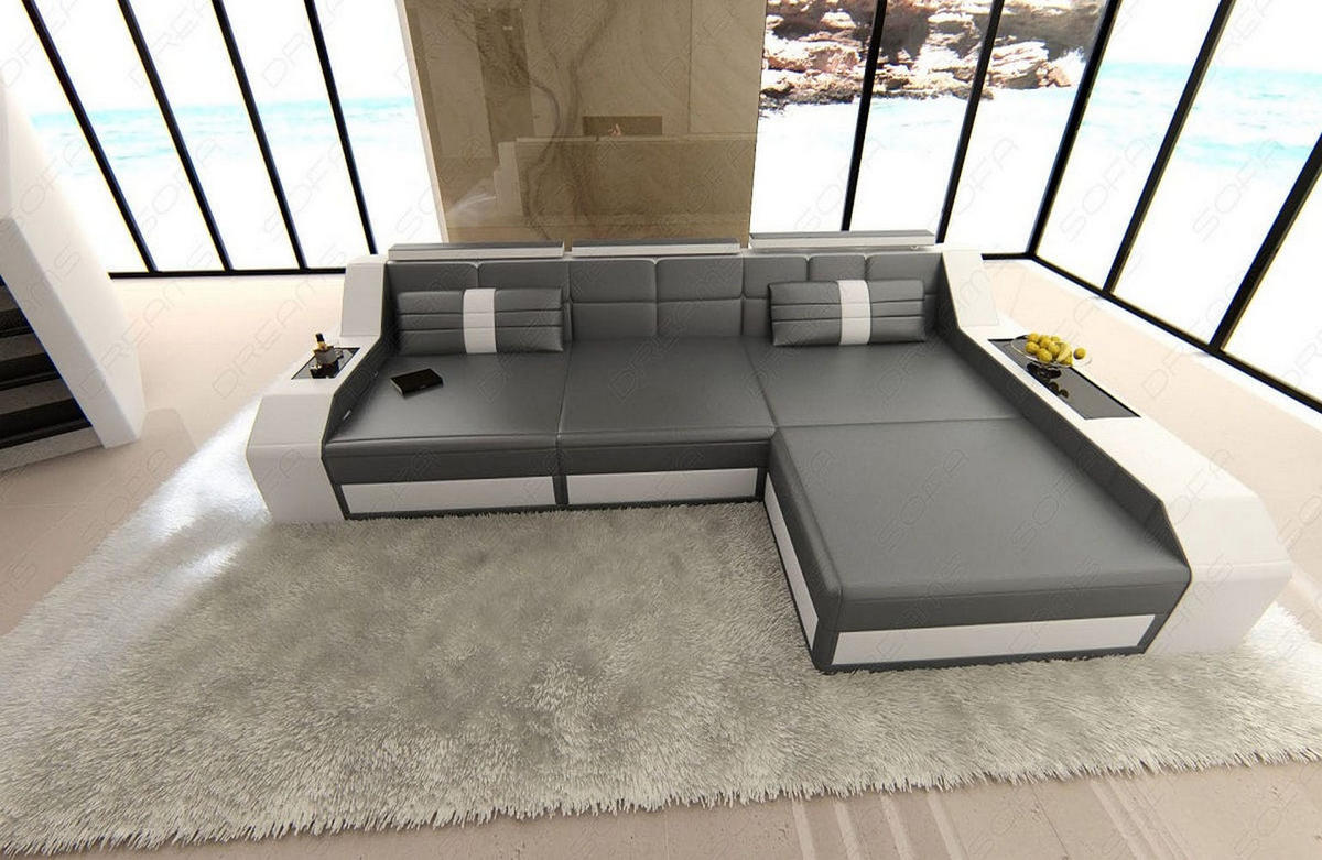 COUCH Arezzo L Grau Weiß Ledermix - Grau, Textil (308/194cm)
