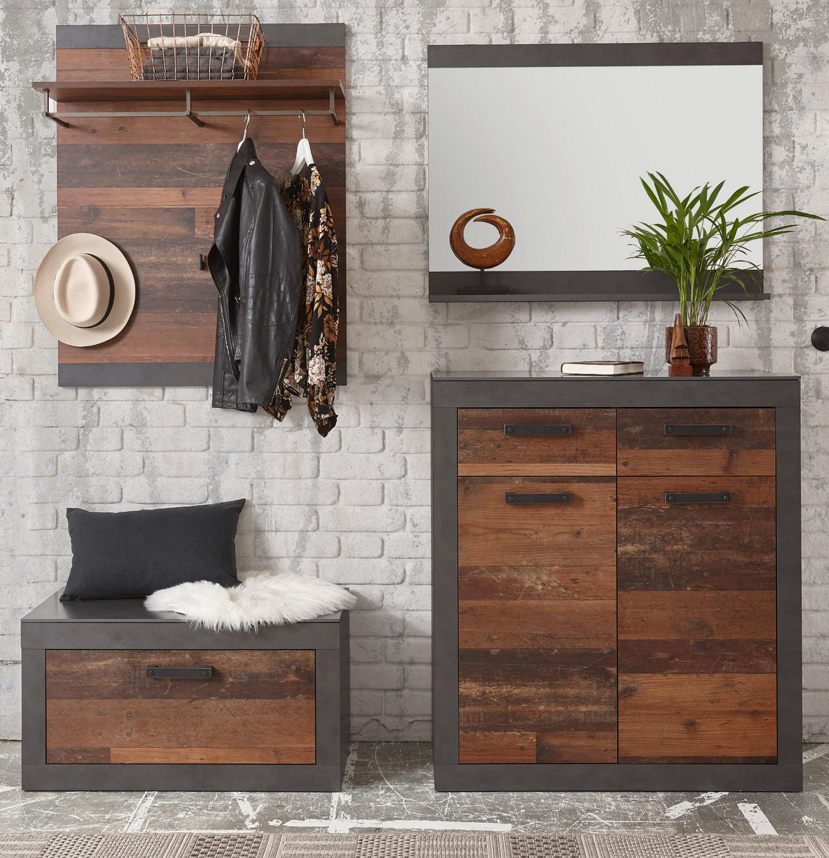GARDEROBE Set 4-teilig Used Wood Shabby, Matera grau 192 cm - Silberfarben/Naturfarben, Glas/Holzwerkstoff (192/200/40cm) - Furn.Design