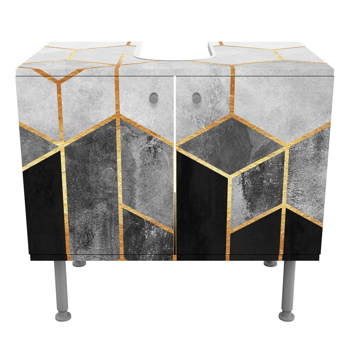 WASCHBECKENUNTERSCHRANK Goldene Sechsecke Schwarz Weiß 60/55/35 cm - Schwarz, Holzwerkstoff (60/55/35cm) - Bilderwelten