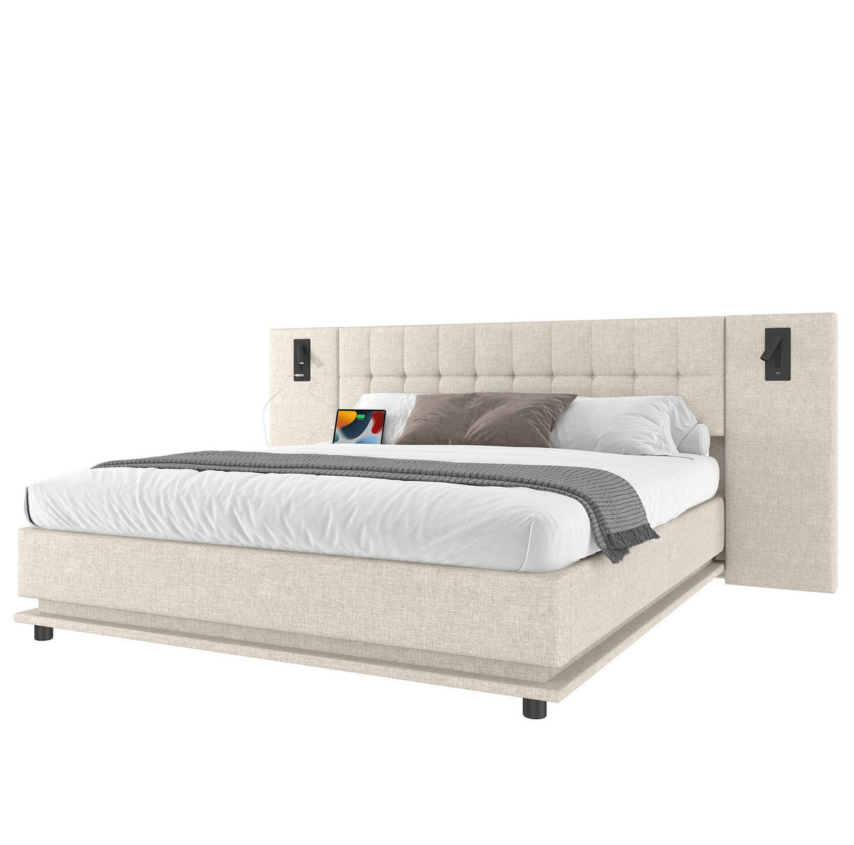 ČALÚNENÁ posteľ z ľanu a MDF 180x200 cm béžová s LED osvetlením, USB portom, čítacím bodom a bez matraca - béžová, textil (180/200cm) - Modfu