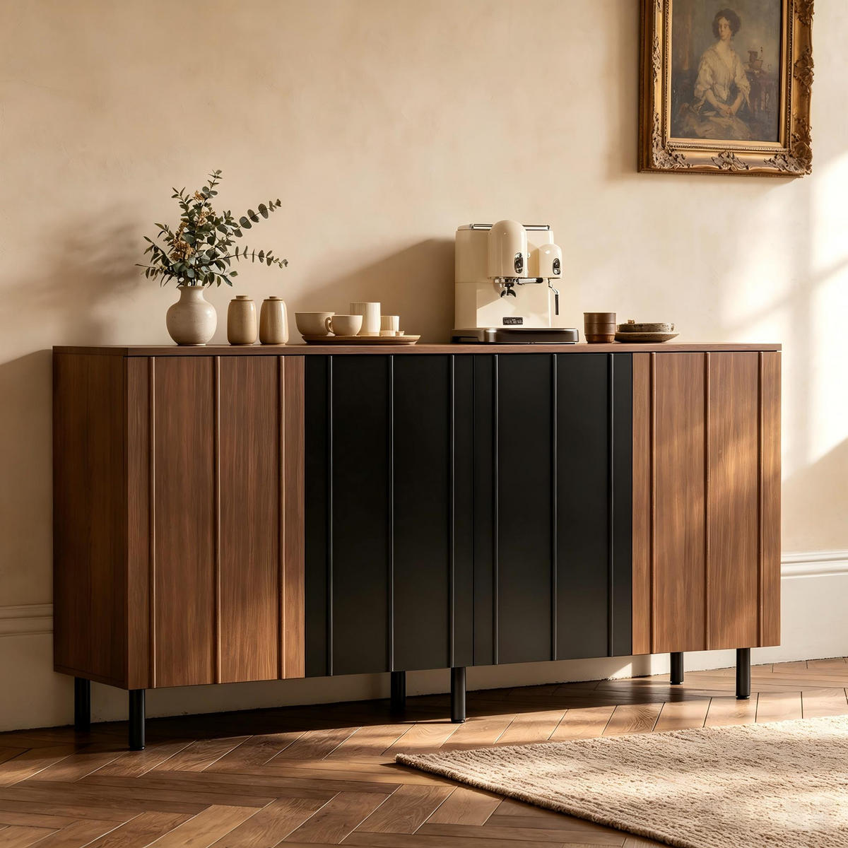 SIDEBOARD mit 4 Schranktüren und verstellbaren Staufächern 160/35/80 cm - Walnussfarben/Schwarz, Holzwerkstoff (160/80/35cm) - EVRYAE