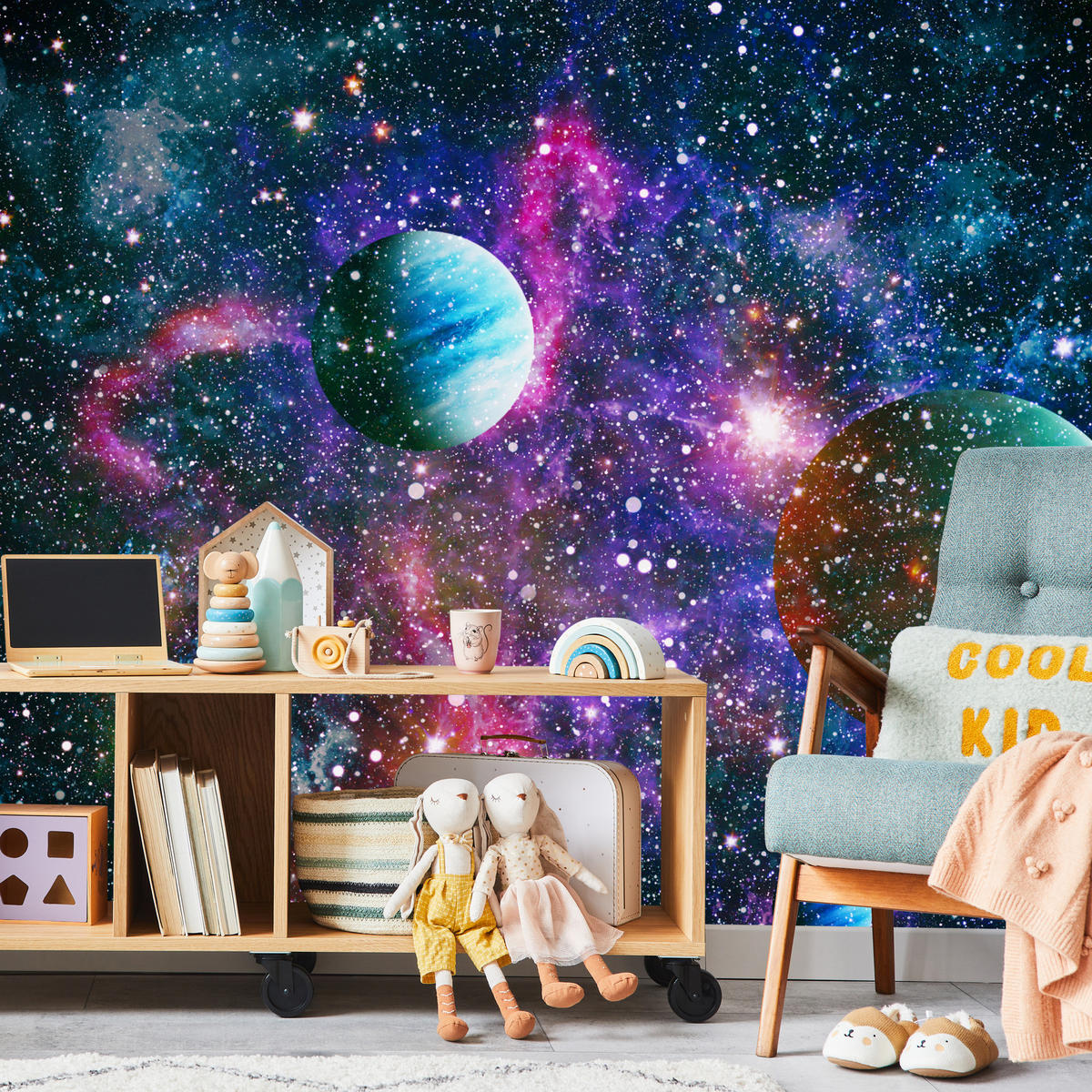 FOTOTAPETE für Schlafzimmer Bunte Planeten Sternenhimmel Kosmos 500x350 - Rot/Violett, Papier (500/350cm) - Muralo