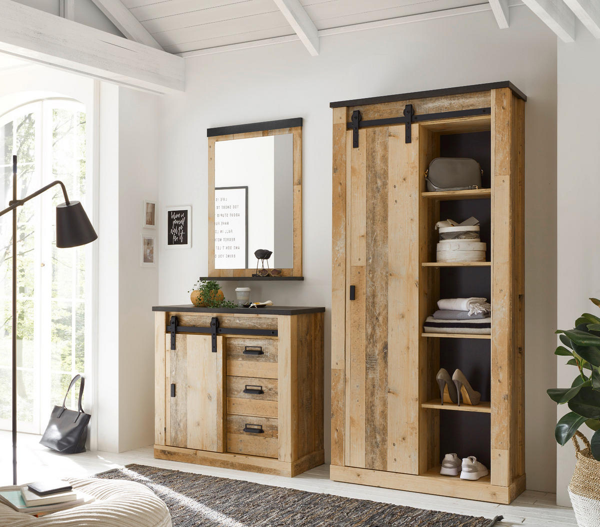 GARDEROBE Set 3-tlg. Used Wood Vintage mit großem Schuhschrank, Soft-Close - Anthrazit/Schwarz, Holzwerkstoff/Metall (206/201/43cm) - Furn.Design
