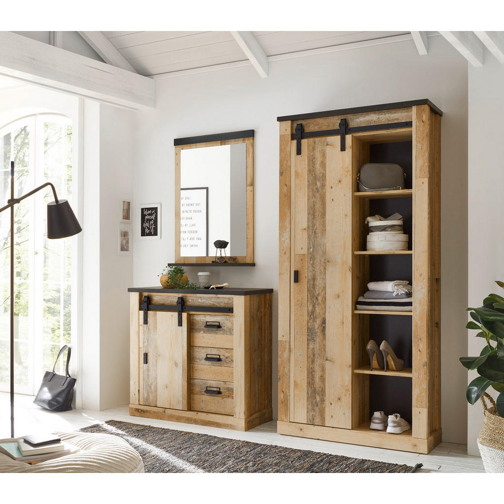 Thumbnail - Furn.Design Garderobe, Natur, Anthrazit, Metall, Nachbildung,Altholz, Holz Optik, Vintage, 10 Fächer, 3 Schubladen, Rech...
