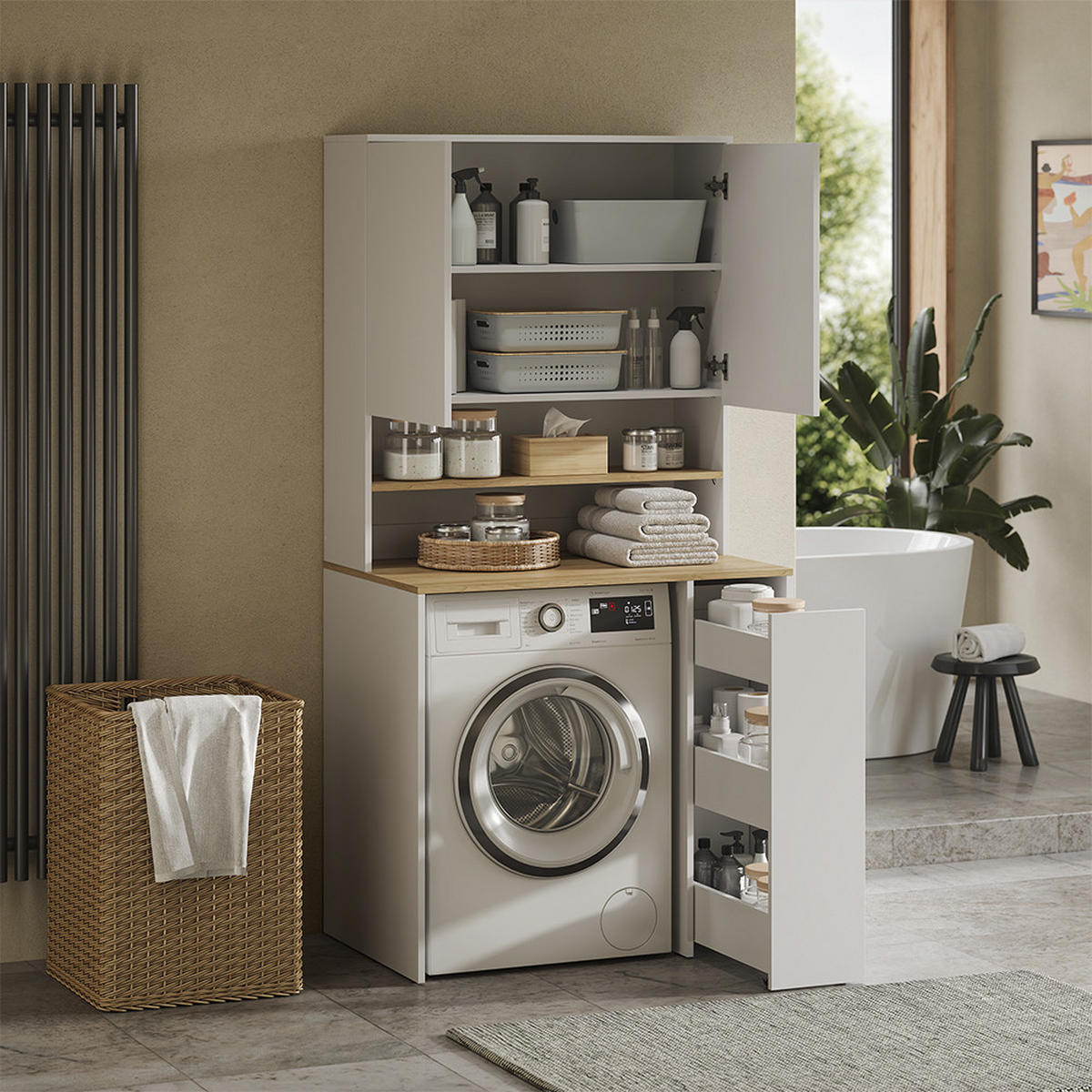 WASCHMASCHINENSCHRANK Viktor, Weiß/Artisan-Eiche, 93.6 x 88.2 cm 2 Teile mit Rollregal - Weiß/Eiche Artisan, Holzwerkstoff (93.6/88.2/60cm) - Vicco