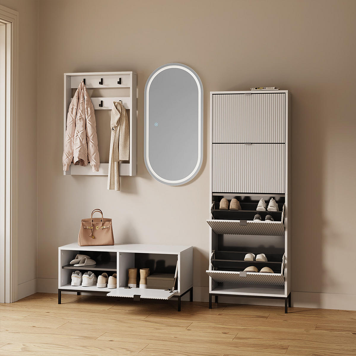 SCHUHKIPPER Aterno Weiß 60 x 168 cm mit 4 Klappschubladen - Weiß, Holzwerkstoff (60/168/24cm) - Livinity®