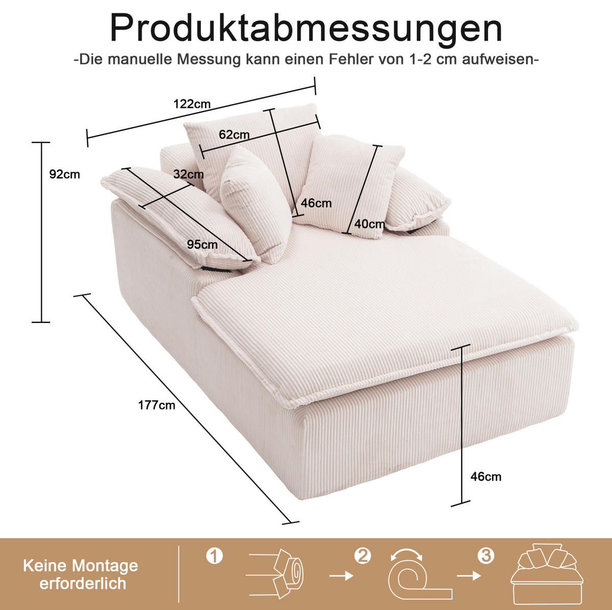 RELAXSOFA Cordstoff mit breiten Armlehnen 177/122/92 cm Weiß - Weiß, Textil (122/92/177cm) - Redom