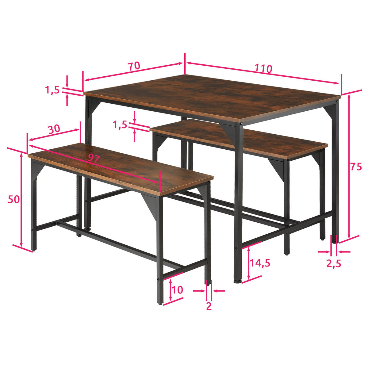 SITZGRUPPE Bolton,mit höhenverstellbaren Kunststofffüßen,Industrial Holz dunkel, rustikal - Rostfarben, Holz (130/75/100cm) - tectake