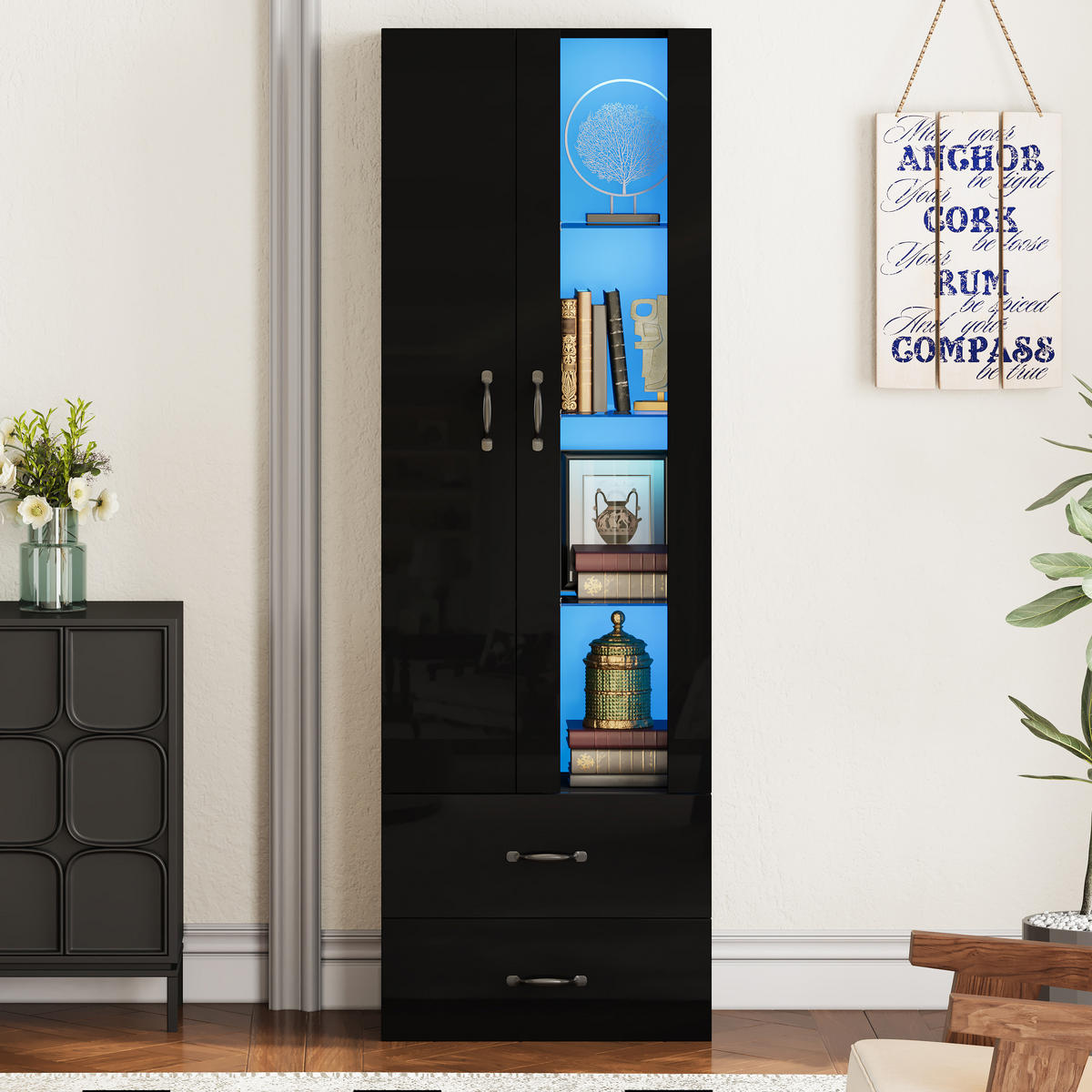 VITRINE LED 2 Türen Standvitrine Glas Schwarz - Schwarz, Holzwerkstoff (59.5/182/35cm) - FLIEKS