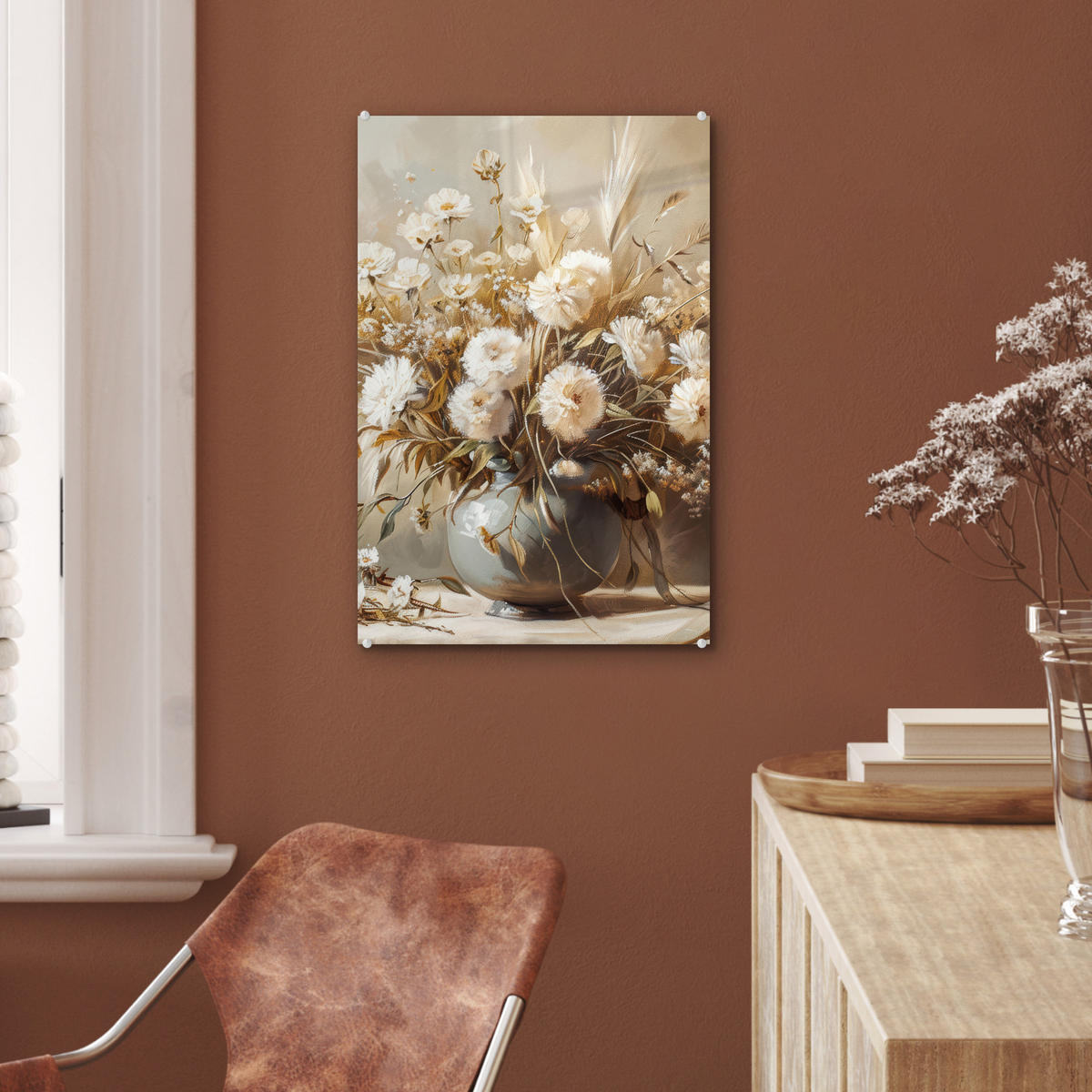 ACRYLGLASBILD Blumen - Vase - Stilleben - Beige 40x60 cm - Creme, Glas (40/60cm) - MuchoWow