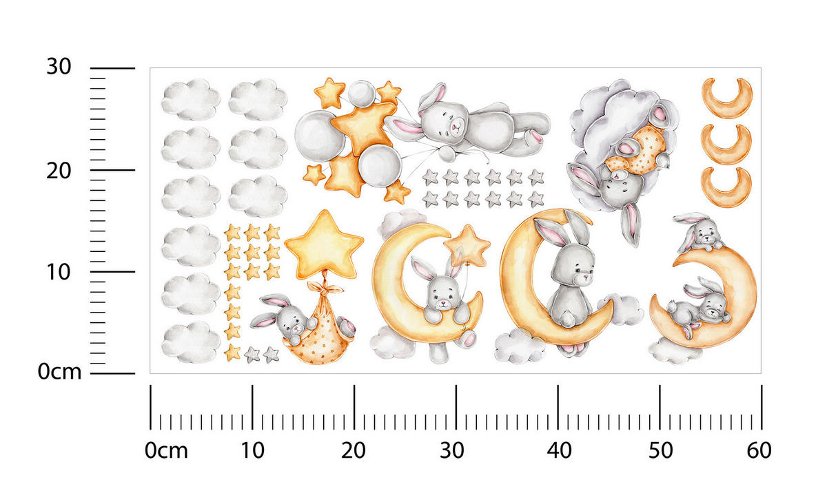 STICKER SET für Kinder Häschen Wolken Monde Sterne 60x30 - Gelb/Beige, Papier (60/30/1cm) - Muralo