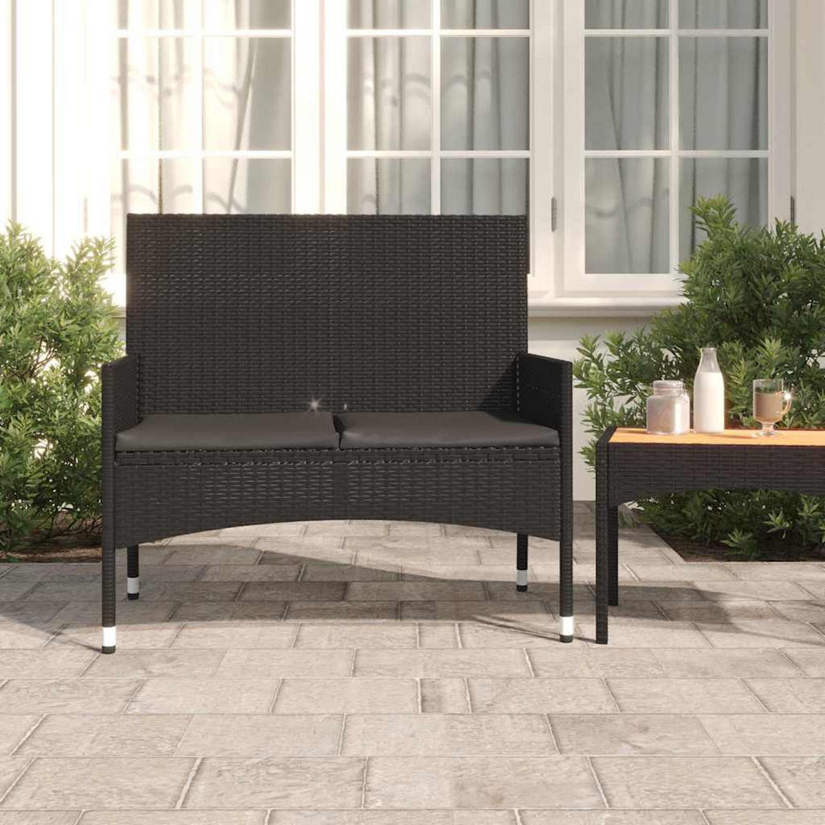 GARTENBANK 2-Sitzer mit Kissen Schwarz Poly Rattan - Schwarz, Kunststoff (90/85/51cm) - furnicato