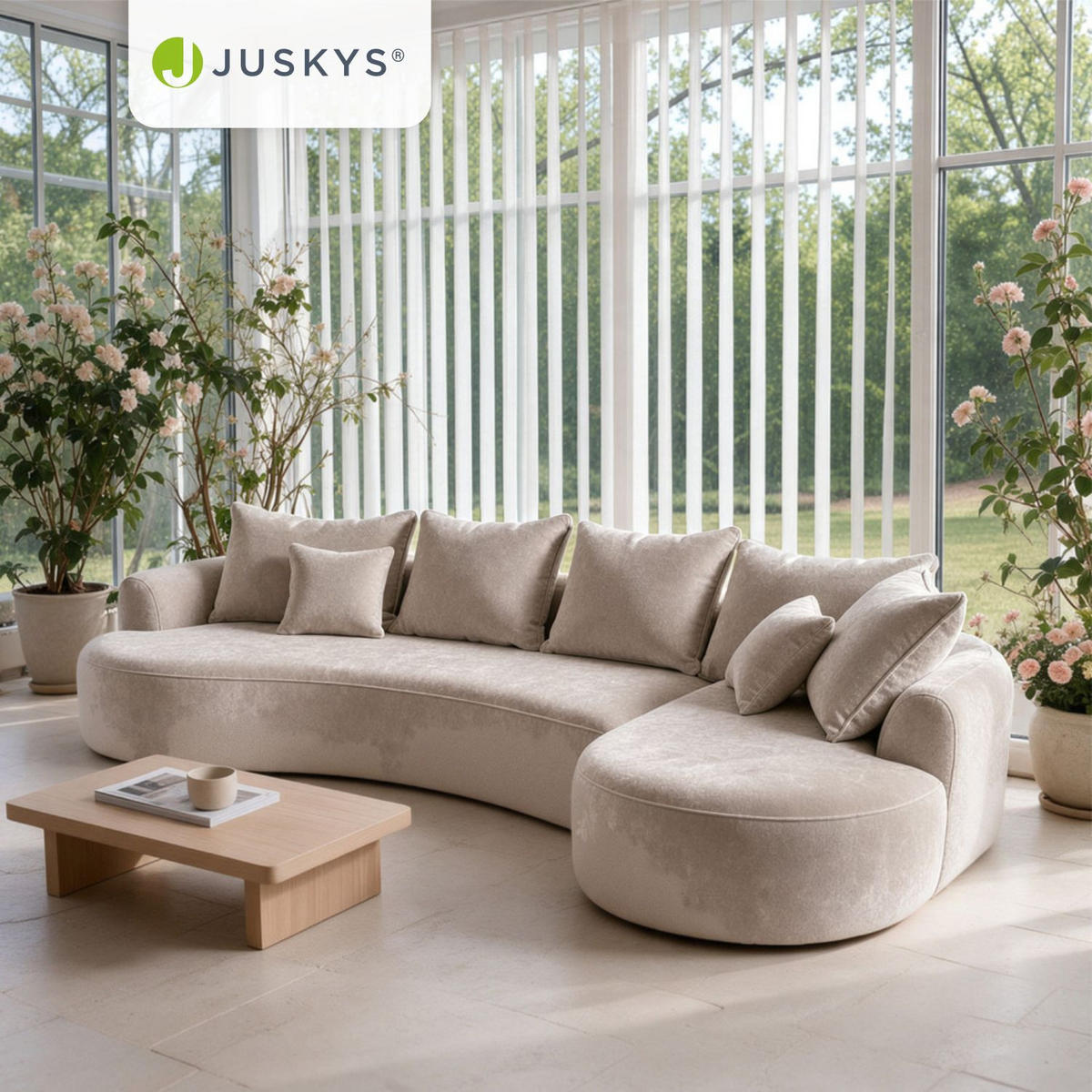 SOFA Tirano Samt Beige mit Ottomane rechts - Beige, Textil (300/102cm) - Juskys
