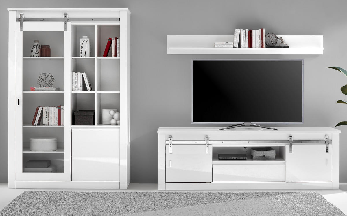 WOHNWAND weiß Hochglanz 349 cm 3-teilig, Wohnkombination mit Soft-Close - Chromfarben/Weiß Hochglanz, Glas/Holzwerkstoff (349/201/43cm) - Furn.Design