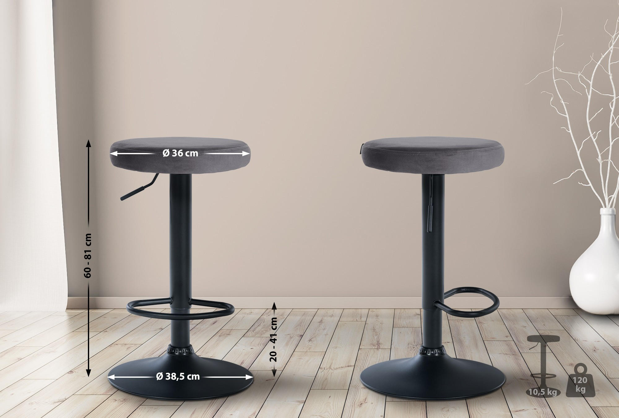 BARHOCKER Samt dunkelgrau - Dunkelgrau/Schwarz, Textil/Metall (38.5/60/38.5cm) - CLP