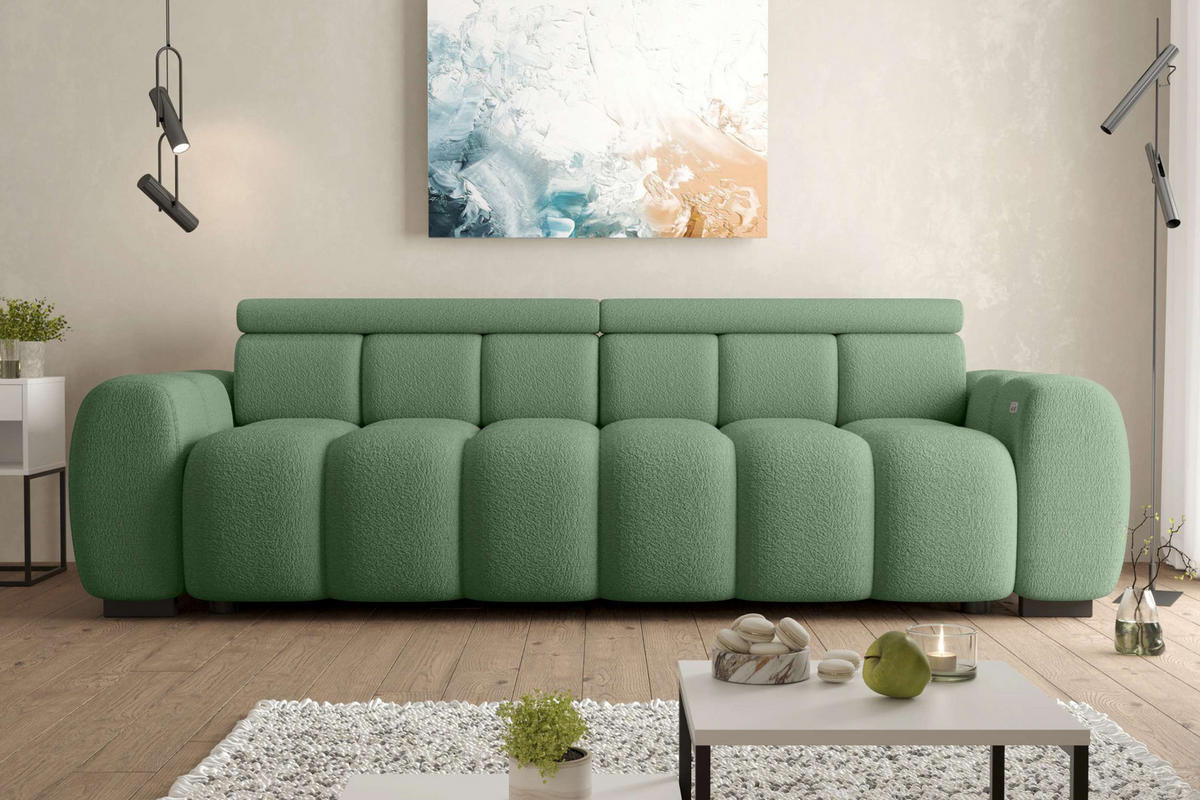 BIGSOFA ALESSIO Bouclé-Stoff Mintgrün mit elektrischer Sitztiefenverstellung - Mintgrün, Kunststoff/Textil (248/77/108cm) - 99rooms