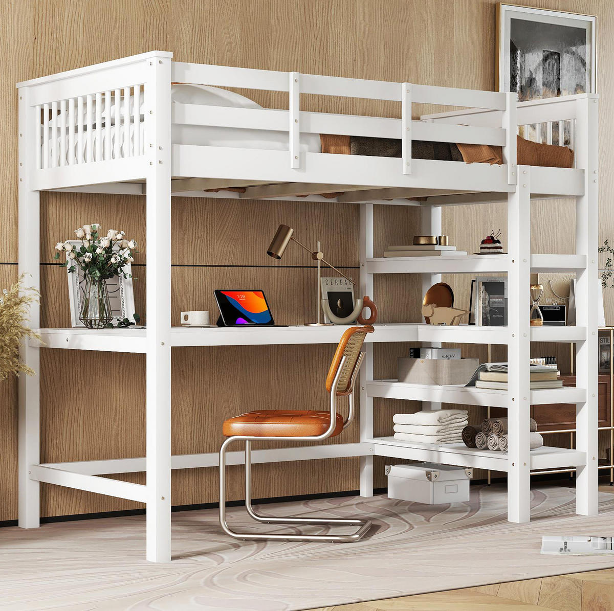 HOCHBETT aus Kiefer und MDF 90x200 cm Weiß mit Schreibtisch, Ablagefächern und Regalleiter - Weiß, Holzwerkstoff (90/200cm) - Modfu