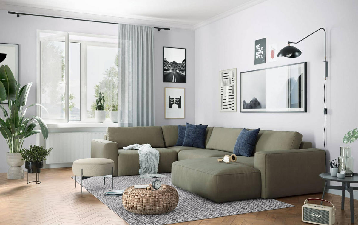 WOHNLANDSCHAFT mit wasserabweisendem Stoff - Schwarz/Grün, Holz/Kunststoff (367/89/249cm) - Cotta