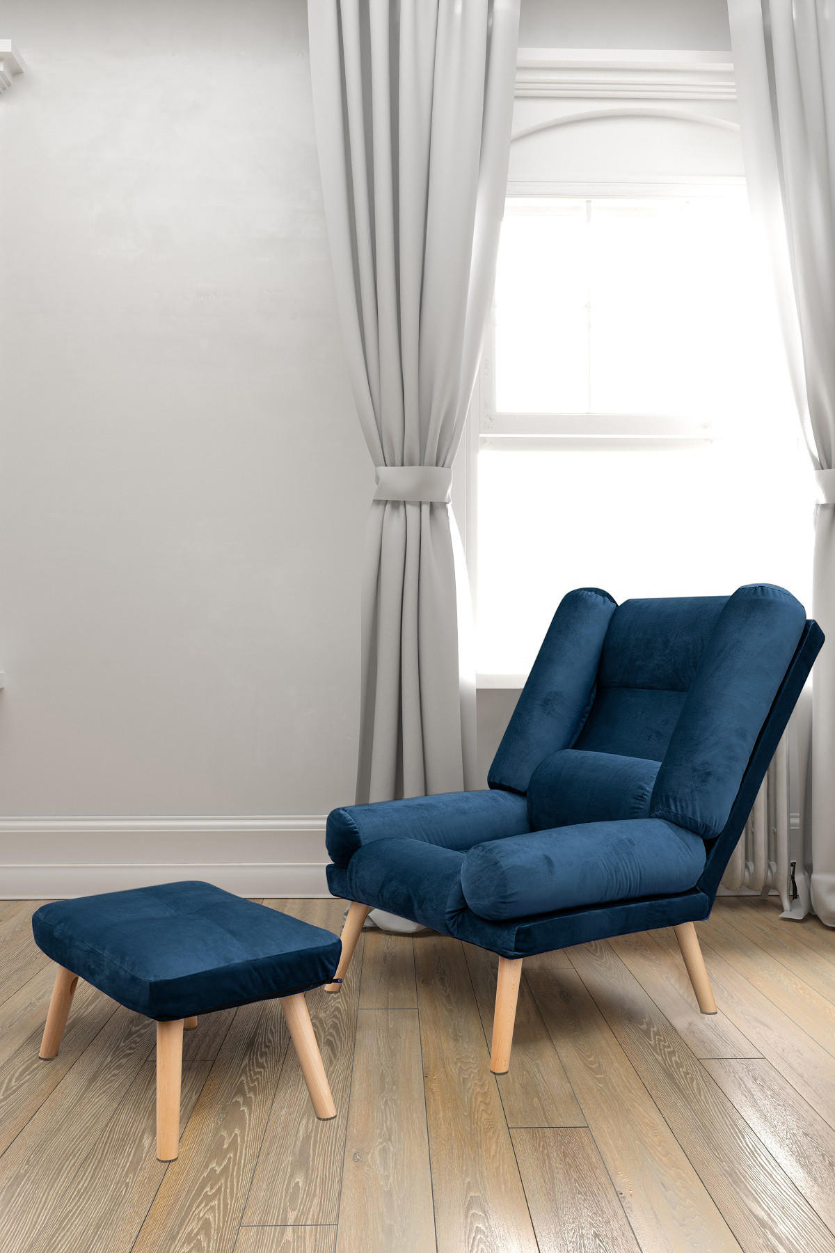 SESSEL Lola mit Fußhocker Rückenlehne 5-stufig einstellbar, dunkelblau - Blau, Holz/Kunststoff (75/100/60cm) - Margaret Hadas24