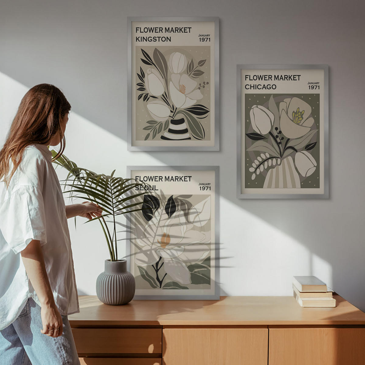 WANDBILDER 3er Set - 40x60 cm Silberner Rahmen - Blumen Kingston Seoul Chicago Retro - Silberfarben, Kunststoff (40/60cm) - ArtPrintCave