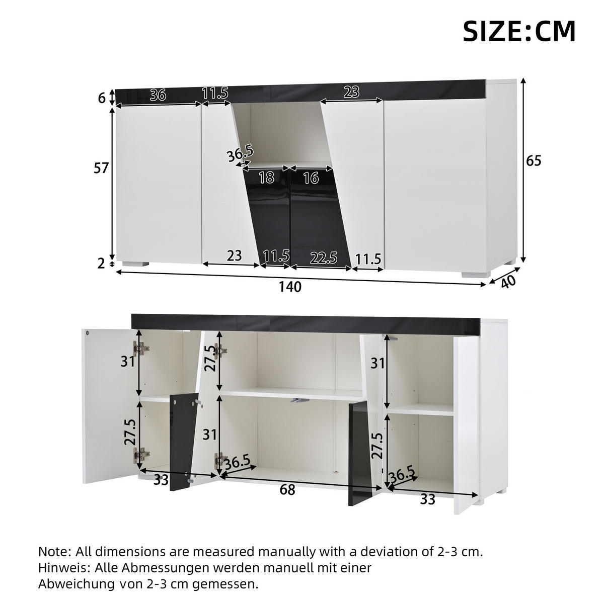KOMODA z dřevotřísky 140x40x65 cm bílá a černá s LED osvětlením, 4 dvířky a nastavitelnými policemi - bílá, kompozitní dřevo (140/65/40cm) - Modfu