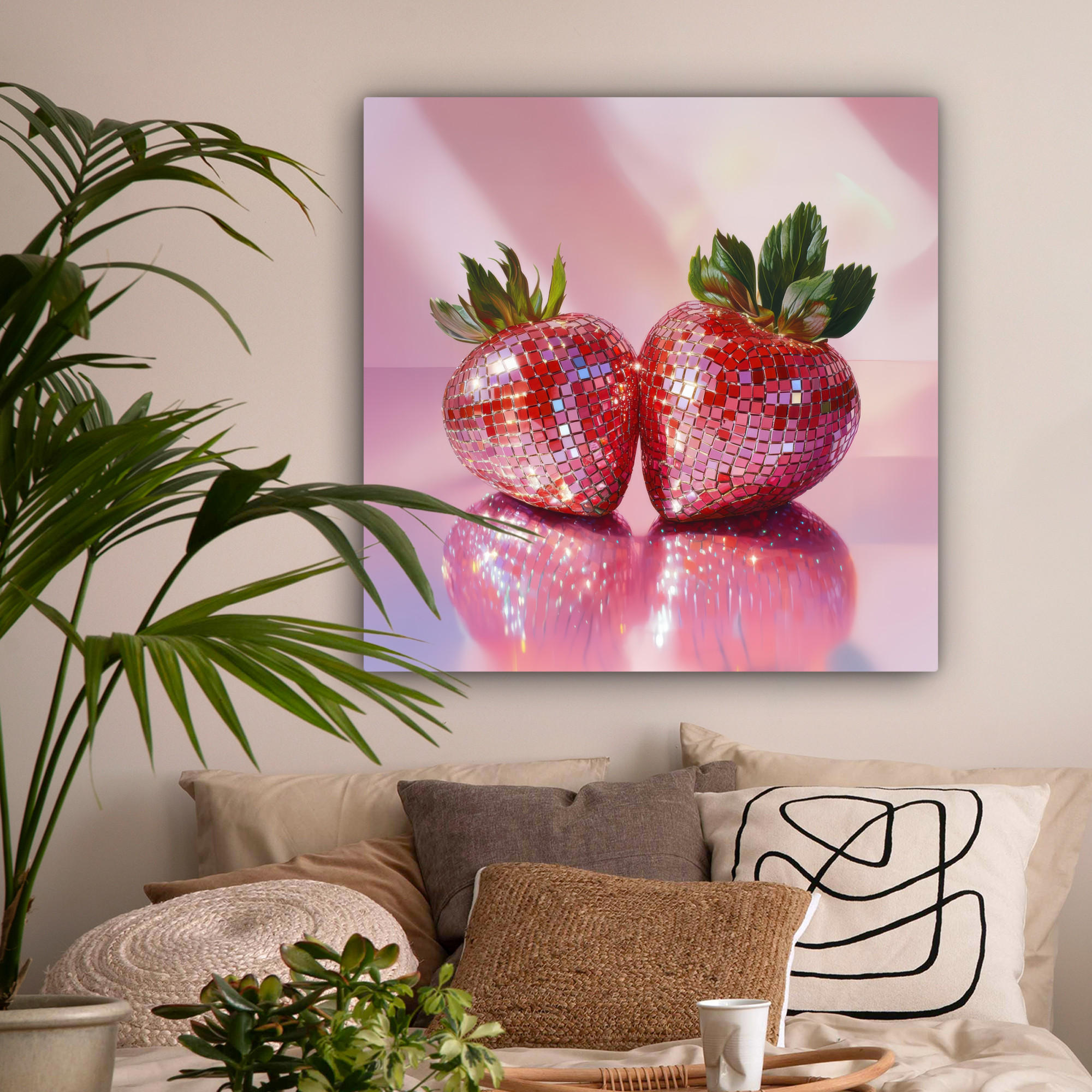 LEINWANDBILD Disco - Obst - Glitzer - Erdbeere 90x90 cm - Pink, Textil (90/90cm) - MuchoWow