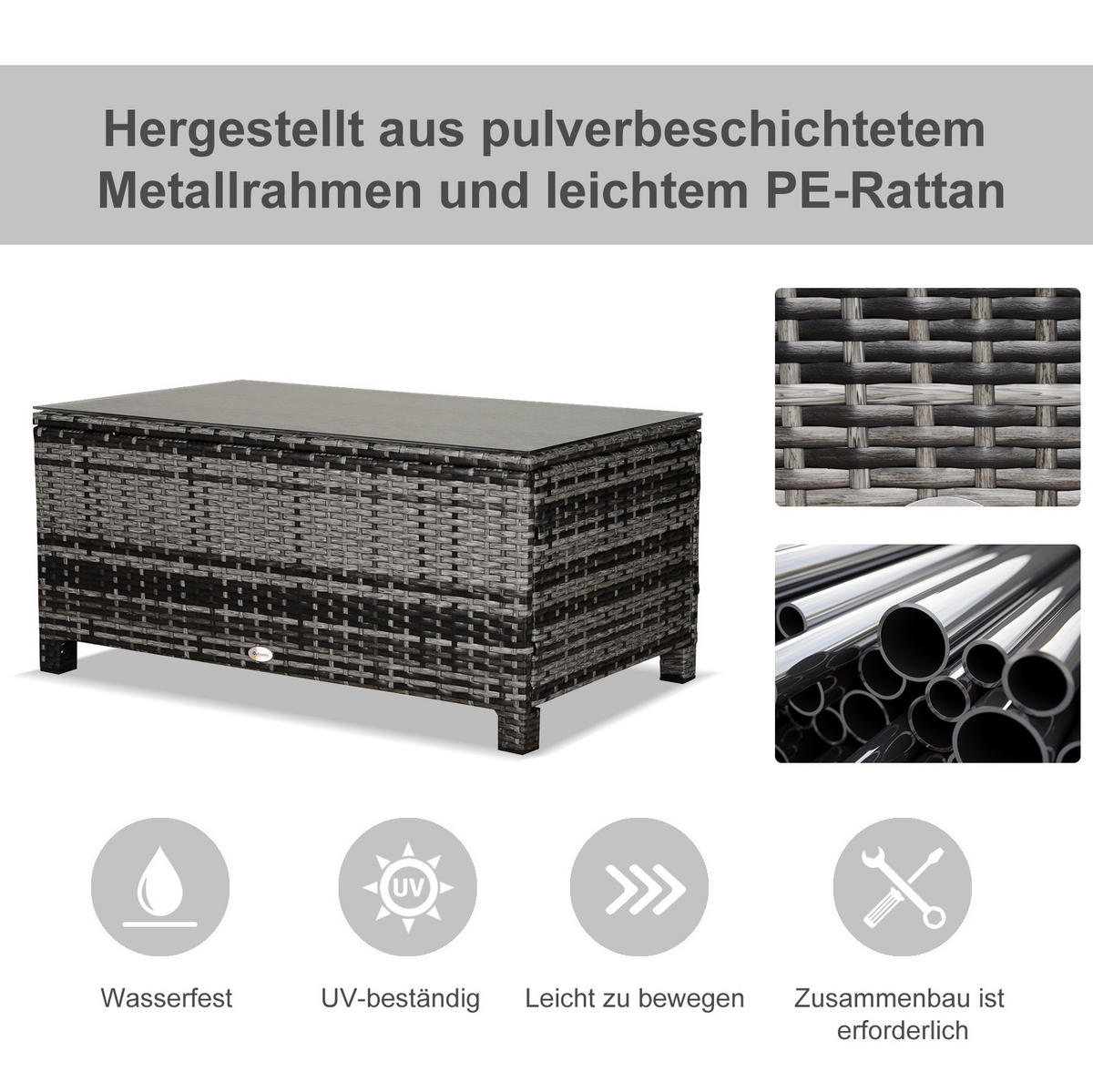GARTEN-BEISTELLTISCH aus Polyrattan 85x50x39 cm Grau mit Glasplatte, witterungsbeständig und pflegeleicht - Grau, Kunststoff (85/50/39cm) - Modfu