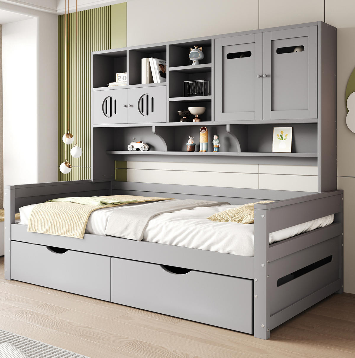 JUGENDBETT 90/200 cm mit Stauraum, 2 Schubladen und Ablagefächern aus Holz, Grau - Grau, Holz (90/200cm) - Redom