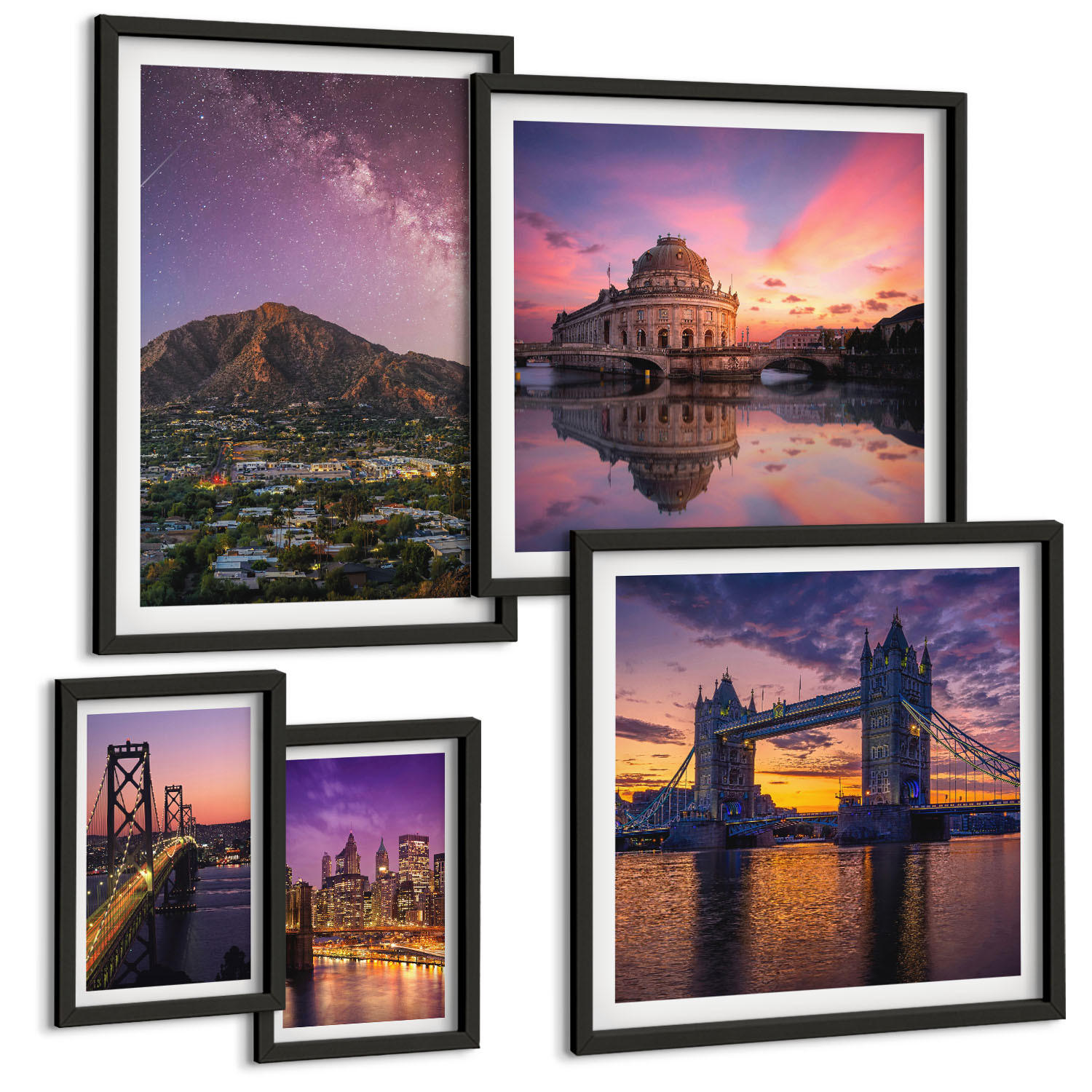 BILDER SET 5er Set - 50x50 cm & 20x30 cm & 40x60 cm Schwarzer Rahmen - Brücken, Sonne, Stadtblick - Schwarz, Kunststoff (40/60cm) - TULUP