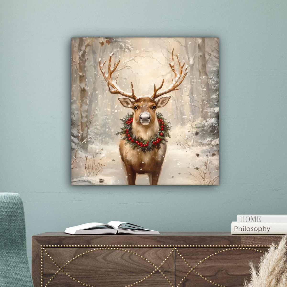 LEINWANDBILD Weihnachten - Rentier - Winter - Kranz Wandbild Wohnzimmer 50x50 cm - Braun, Textil (50/50cm) - MuchoWow