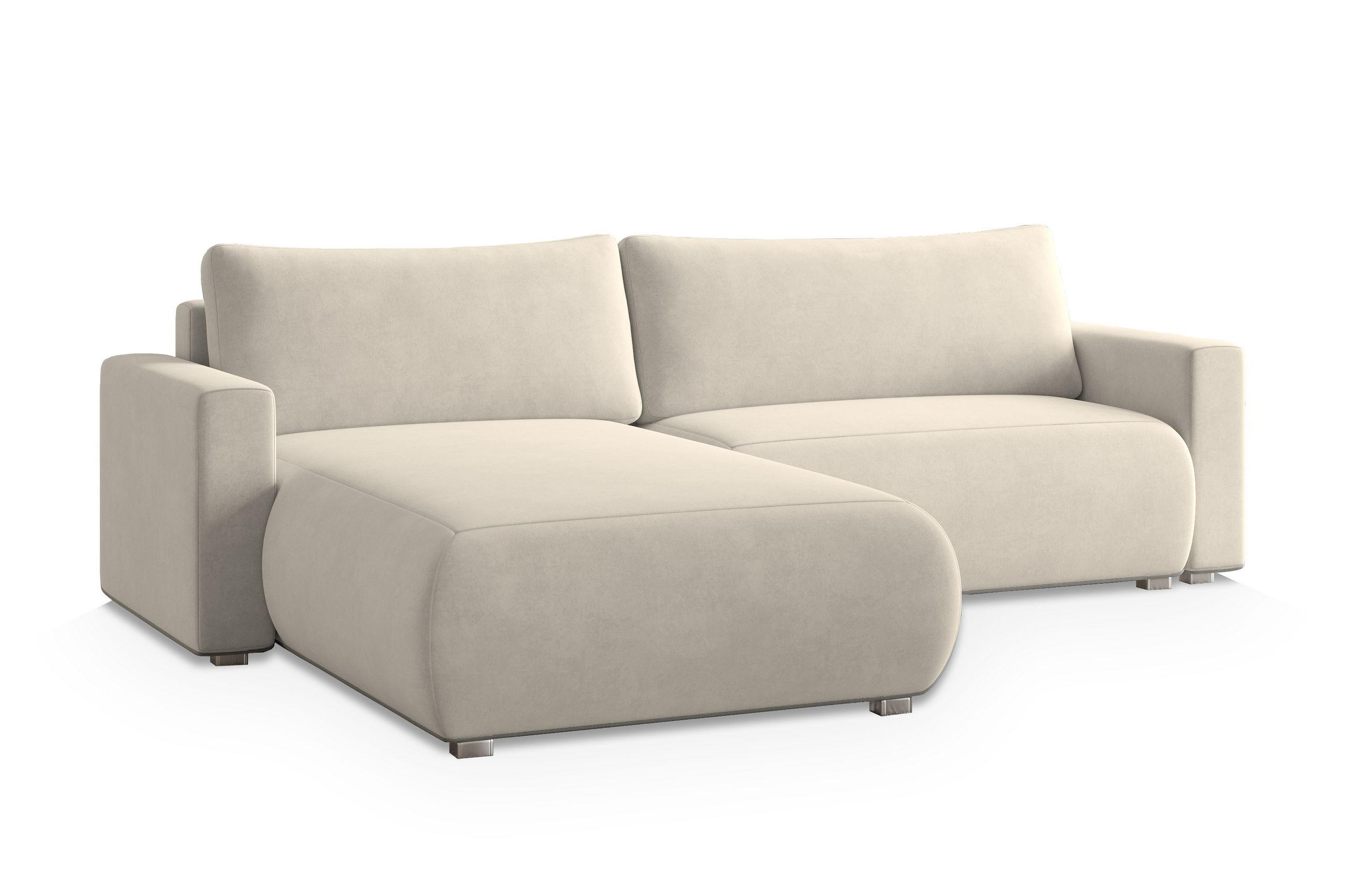 ECKSOFA TURIN M Creme Velours-Stoff mit Schlaffunktion - Creme, Holz (265/183cm) - MASSENO