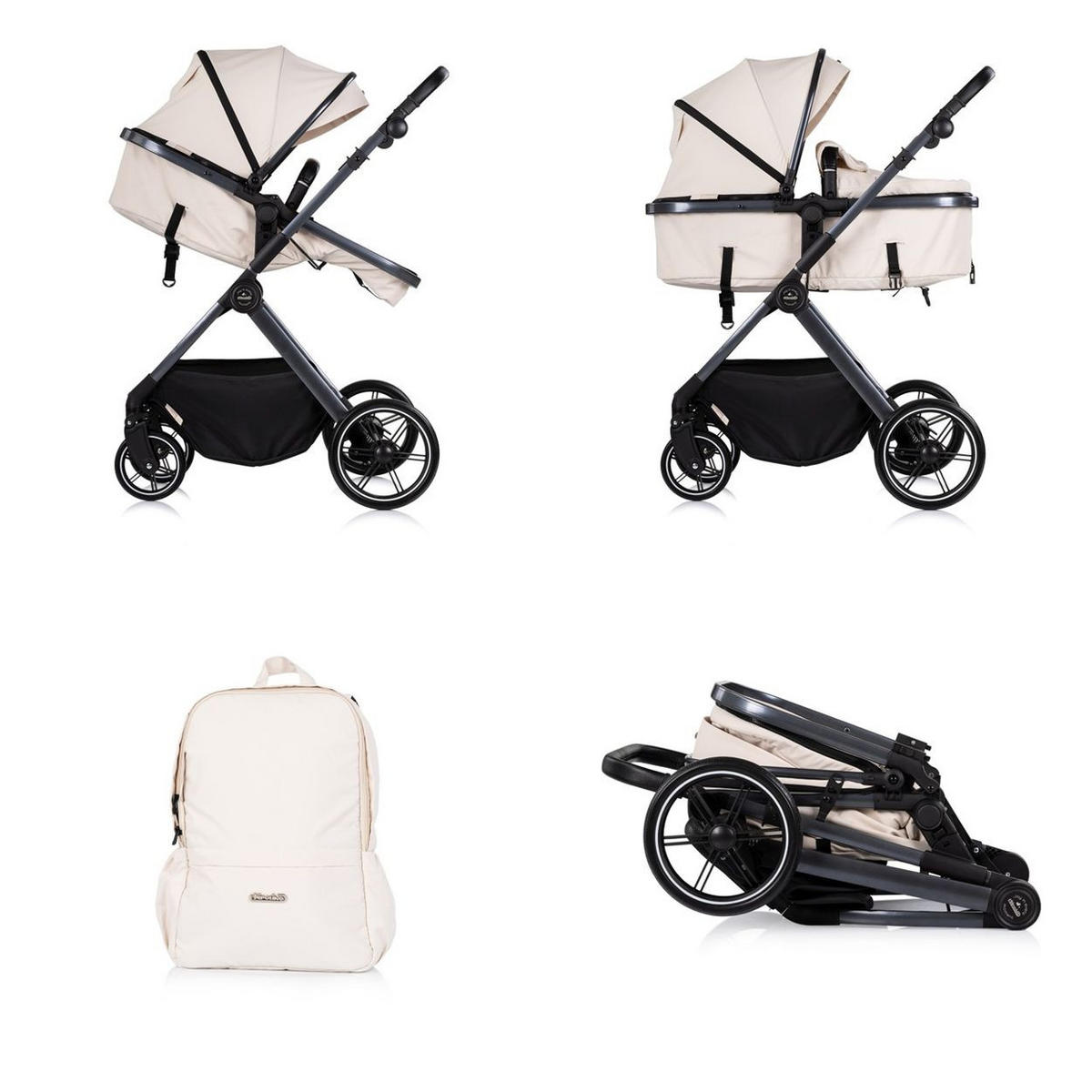 KINDERWAGEN Pearl 2 in 1 beige umbaubar Rucksack Fußsack Korb Federung - Beige, Metall (75/65/104cm) - Chipolino