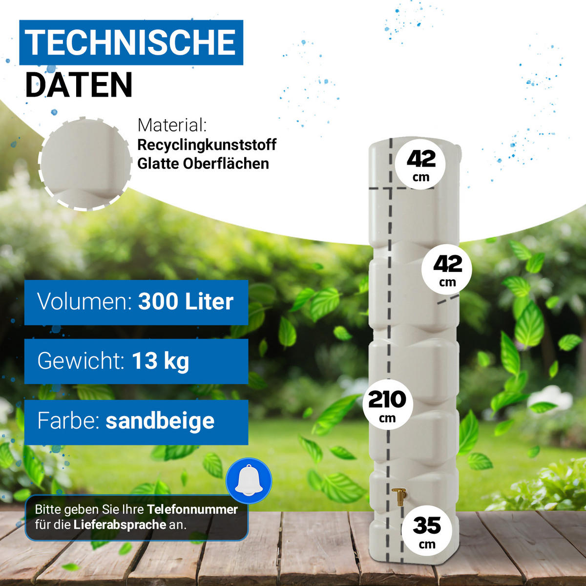 WANDTANK Komplett-Set 300 L, sandbeige inkl. Kunststoff-Auslaufhahn und Fallrohranschluss - Sandfarben, Kunststoff (42/210/40cm) - 4rain
