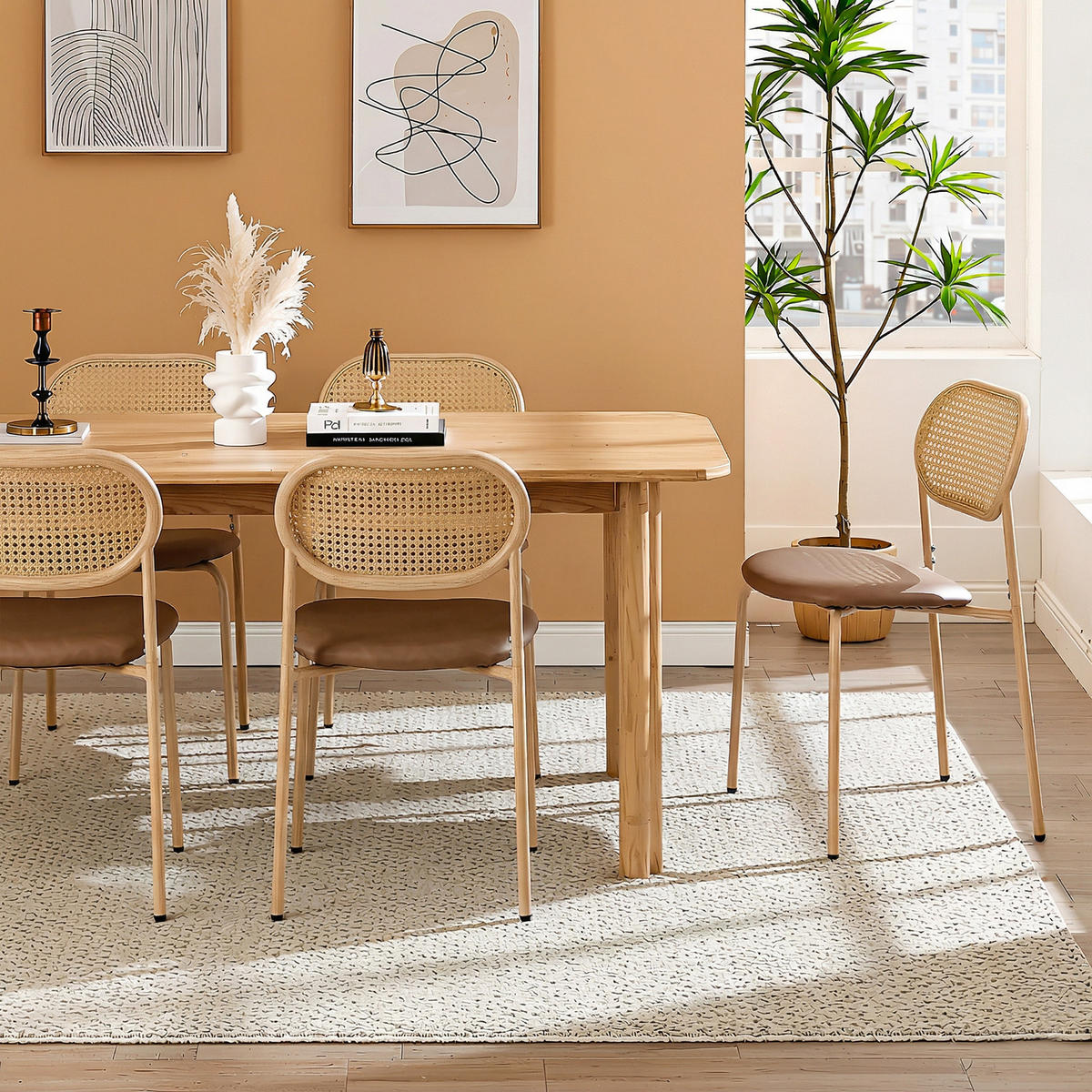 ESSZIMMERSTUHL Set 2er Braun PU & Rattan Polsterstuhl mit Metallbeinen - Braun, Kunststoff (46/80/48cm) - Urban Meuble