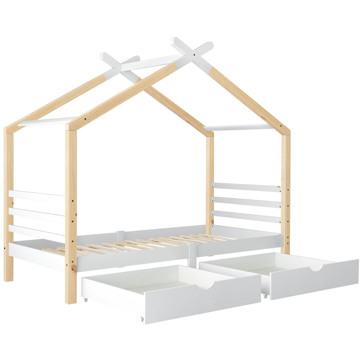 HAUSBETT 90/200 cm in Weiß – mit Satteldach, 2 Schubladen und Liegefläche 90/200 cm - Weiß, Holz (90/200cm) - BEAOK