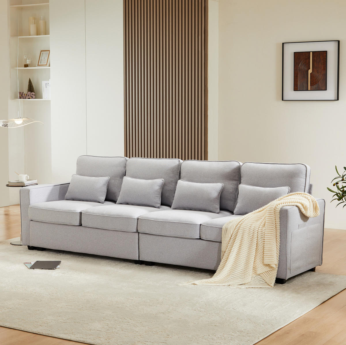 4-SITZER Sofa 264/87/83 cm Grau aus Leinen mit Armlehnentaschen - Hellgrau, Textil (83/87/264cm) - OKMYHOME
