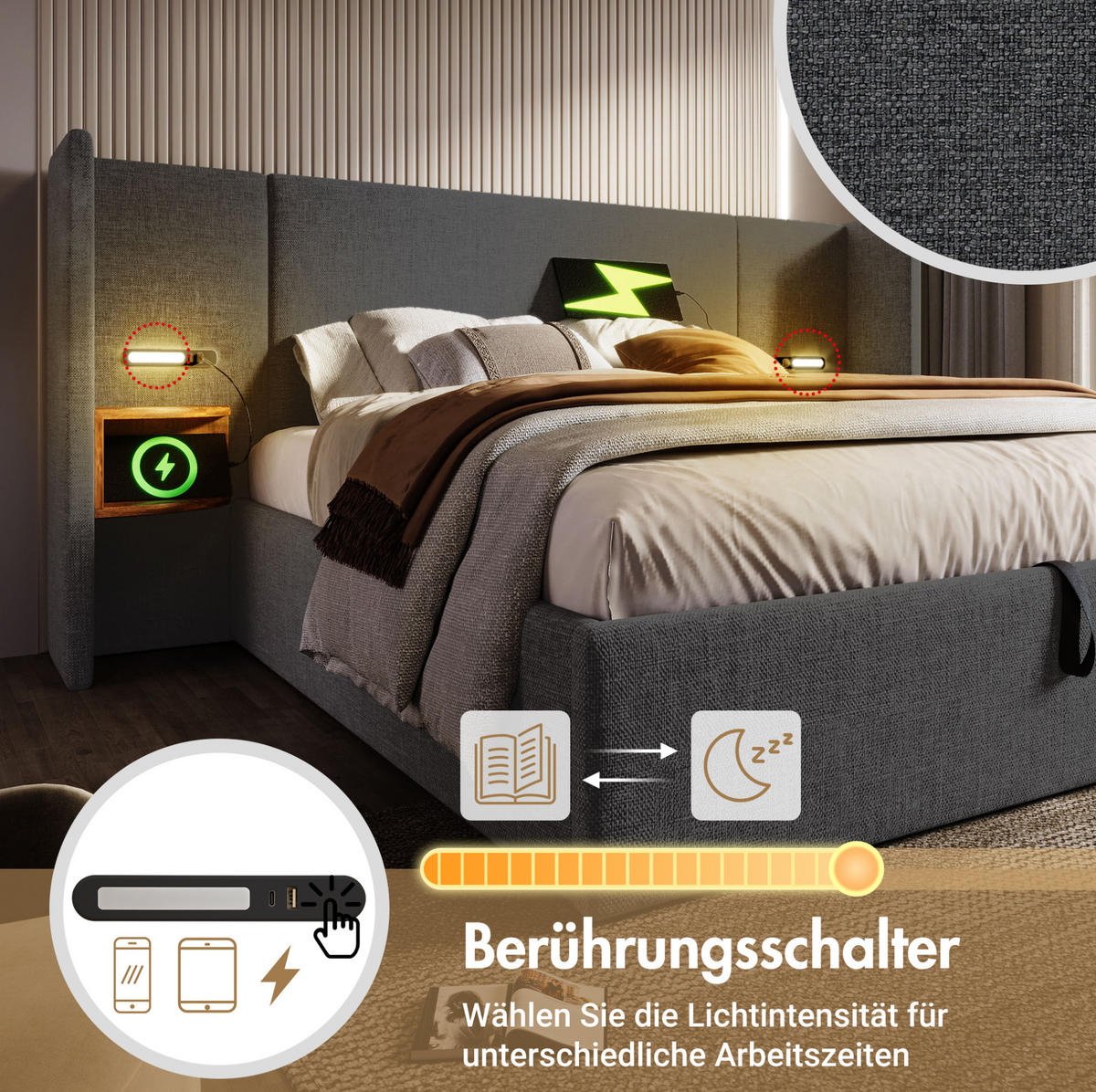 POLSTERBETT 160/200 cm Grau aus Leinen mit Stauraum - Grau, Textil (160/200cm) - OKMYHOME