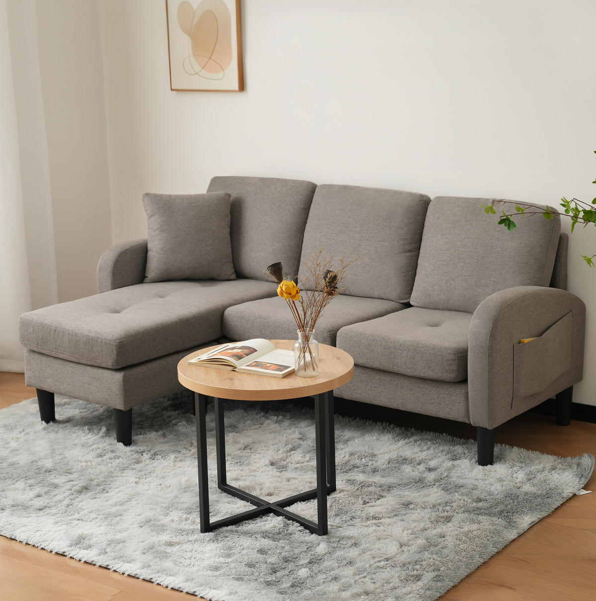 ECKSOFA Baumwoll-Leinenbezug mit Chaiselongue modular Antik Dunkelgrau 166/118/77 cm - Dunkelgrau, Textil (166/118cm) - Redom