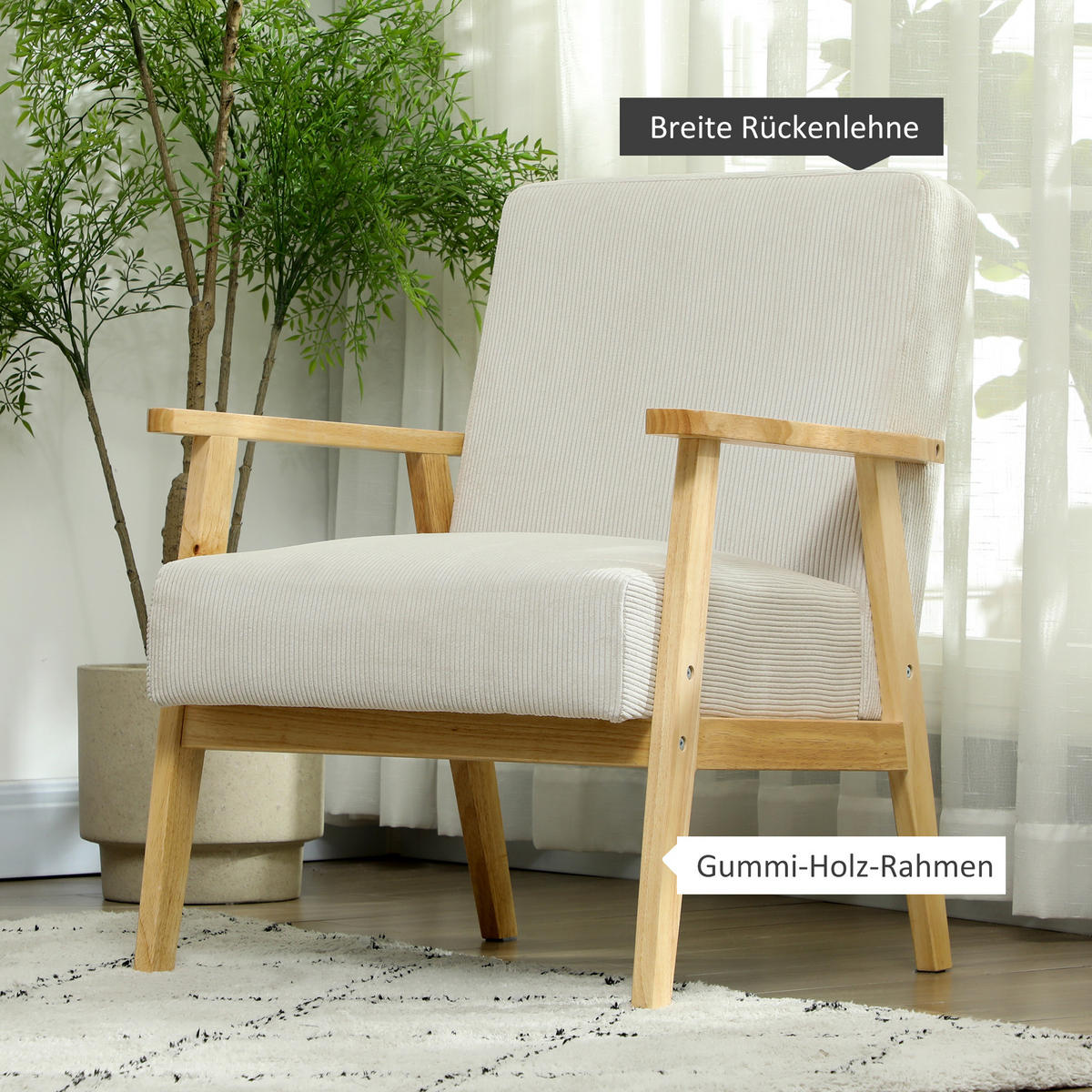 SESSEL Loungesessel mit Armlehne, Holzbeine für Wohnzimmer Cremeweiß - Weiß, Kunststoff (67/77/59cm) - HOMCOM