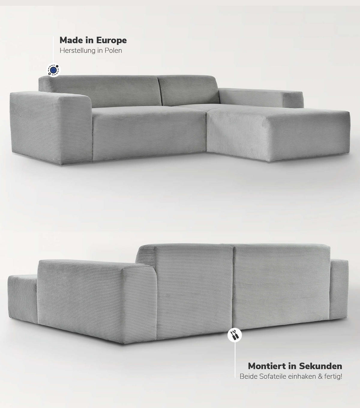 ECKSOFA Die Lässige Recamiere rechts - Grau, Textil (253/188cm) - Mokebo
