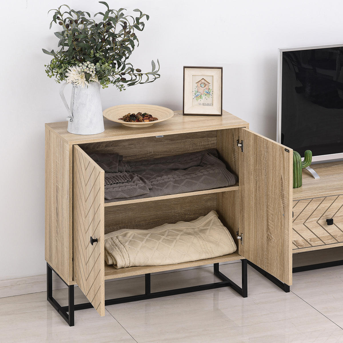 SIDEBOARD DE-10987 Chevron-Muster Holz/Schwarz - Naturfarben, Holzwerkstoff (80/80/29cm) - ComfortXL