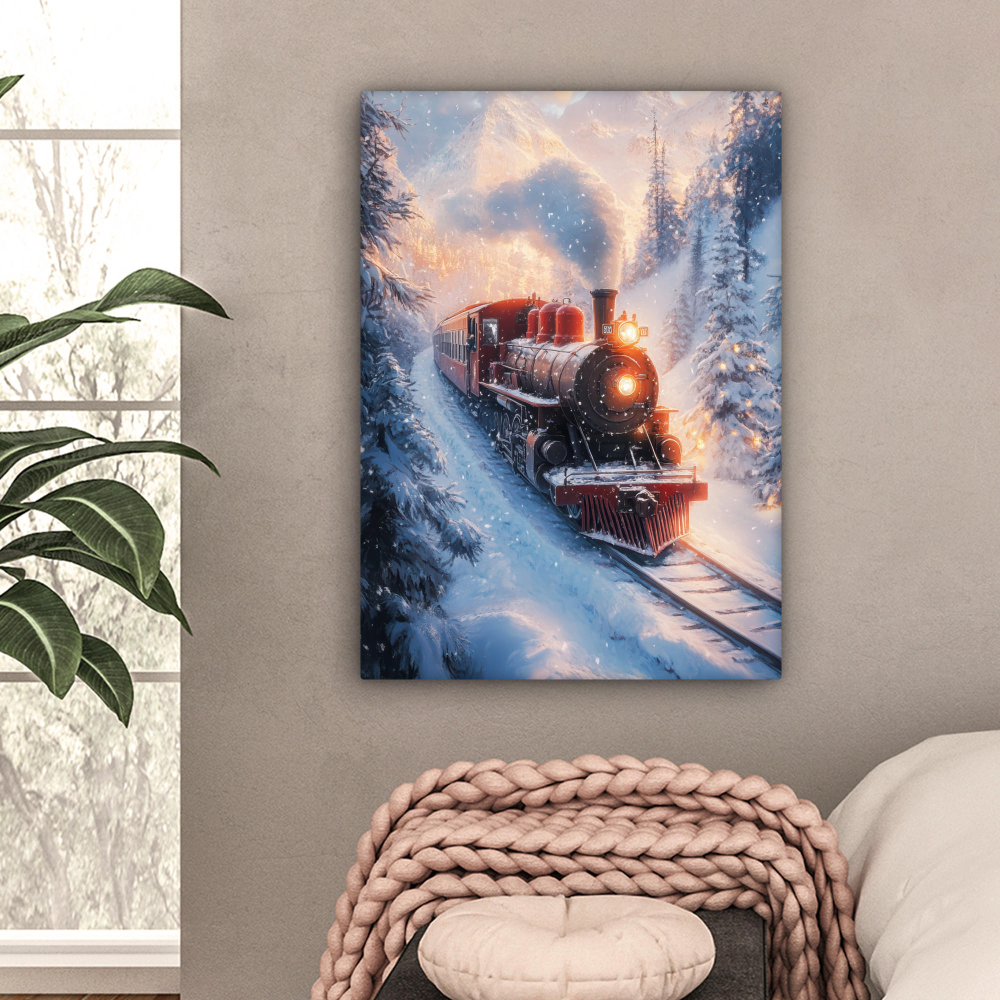 LEINWANDBILD Weihnachtszug - Schnee - Winter - Weihnachten 60x80 cm - Dunkelrot, Textil (60/80cm) - MuchoWow