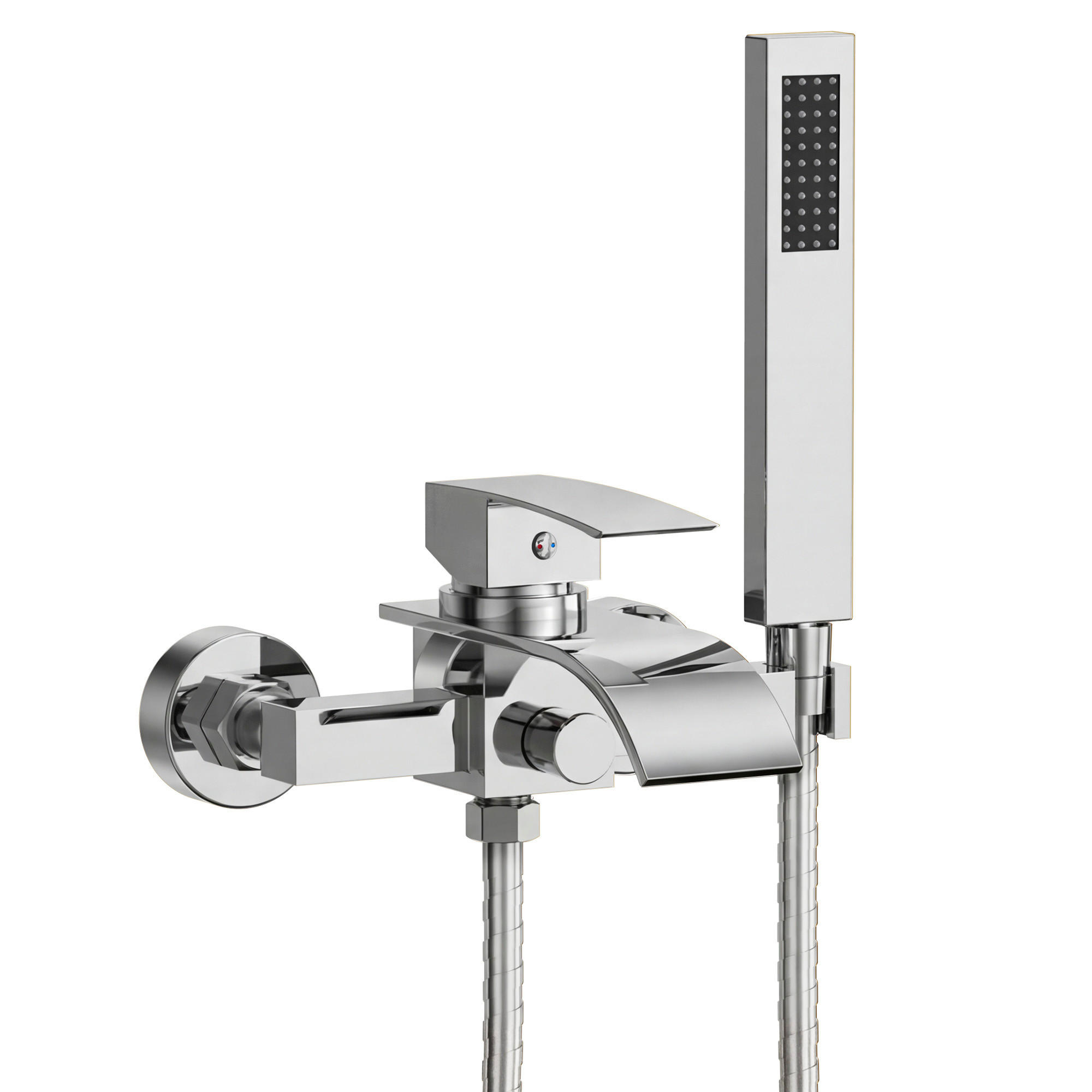 BADEWANNENARMATUR SFS-5005 Chrom, Aufputz mit Wasserfallauslauf 200 mm Handbrause 1500 mm Einhebel 150 mm Stichmaß - Chromfarben, Metall (6/20/23cm) - Everstein