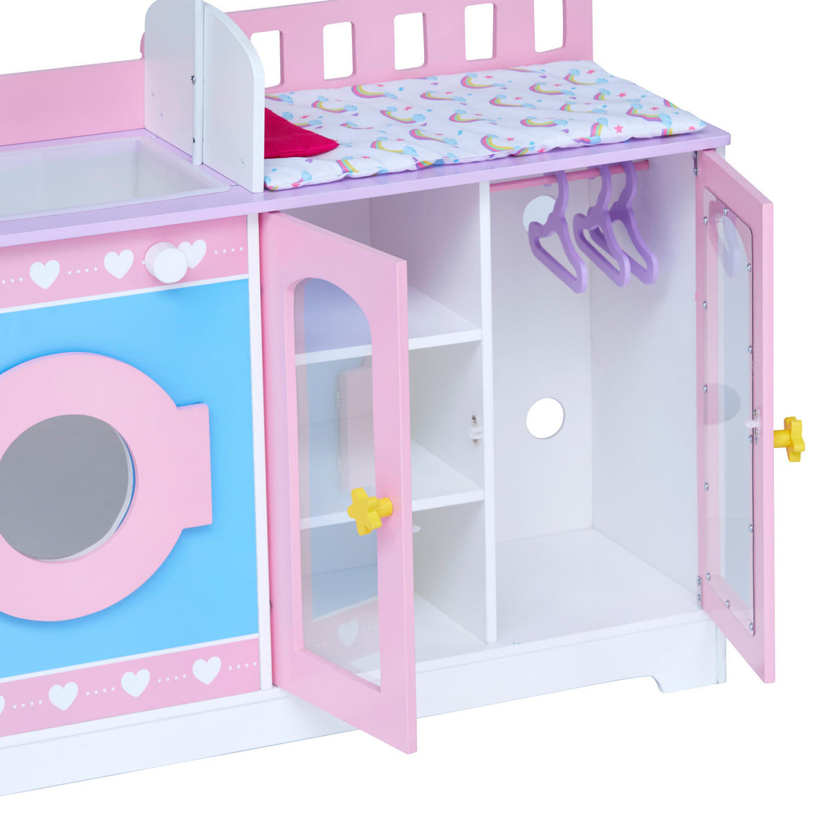 PUPPEN NURSERY 6 in 1 Holz Set mit Bett Mobile Spuele Hochstuhl, Rosa, 63cm - Pink, Holzwerkstoff (28/63/100cm) - Teamson Kids