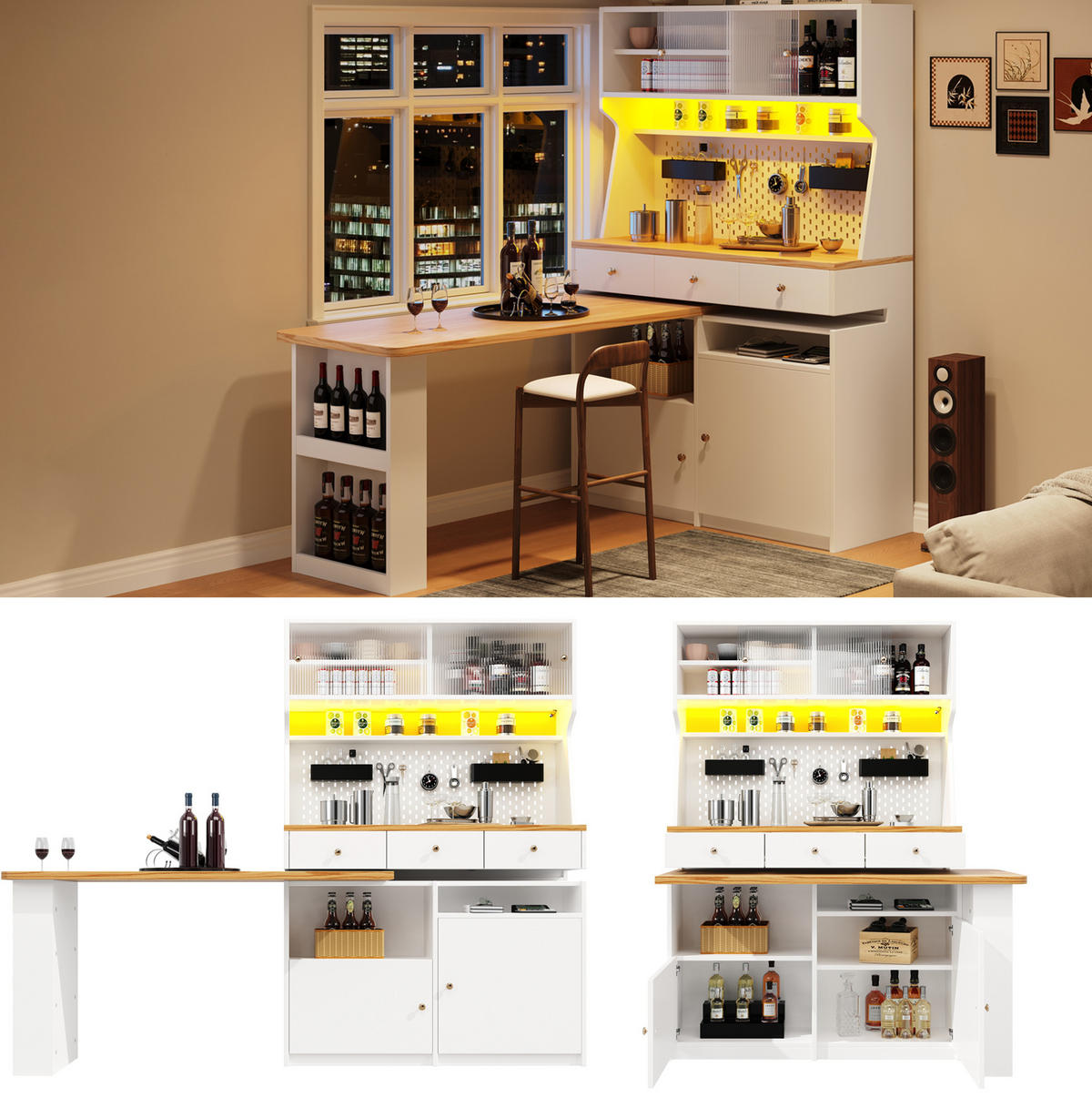 BUFFET 137/45/178 cm aus MDF mit ausziehbarer Tischplatte und LED-Beleuchtung Weiß - Weiß, Holzwerkstoff (137/178/45cm) - Modenvie